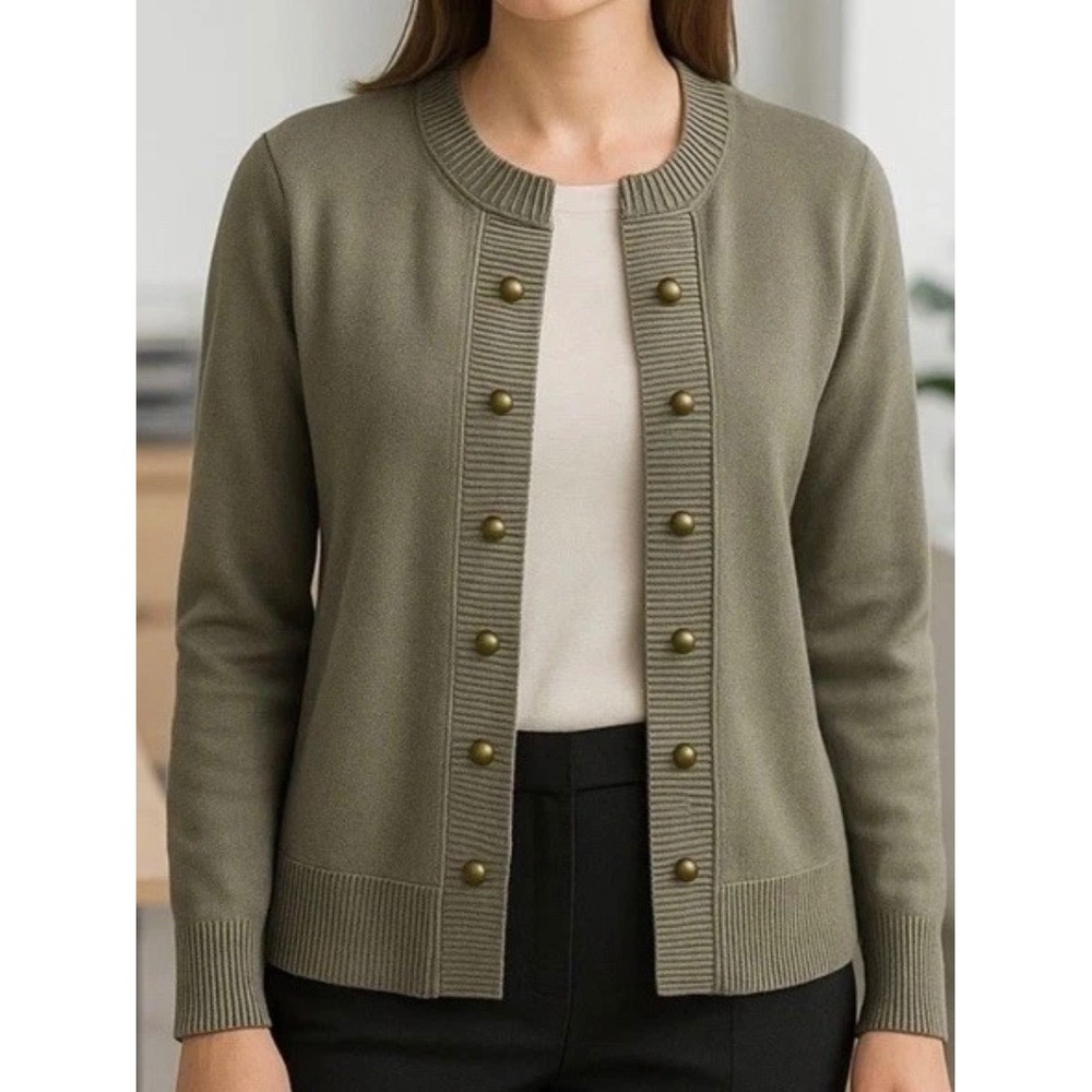 NWOT J. Jill Cardigan Sweater Olive Green Military Open Front Brass Buttons